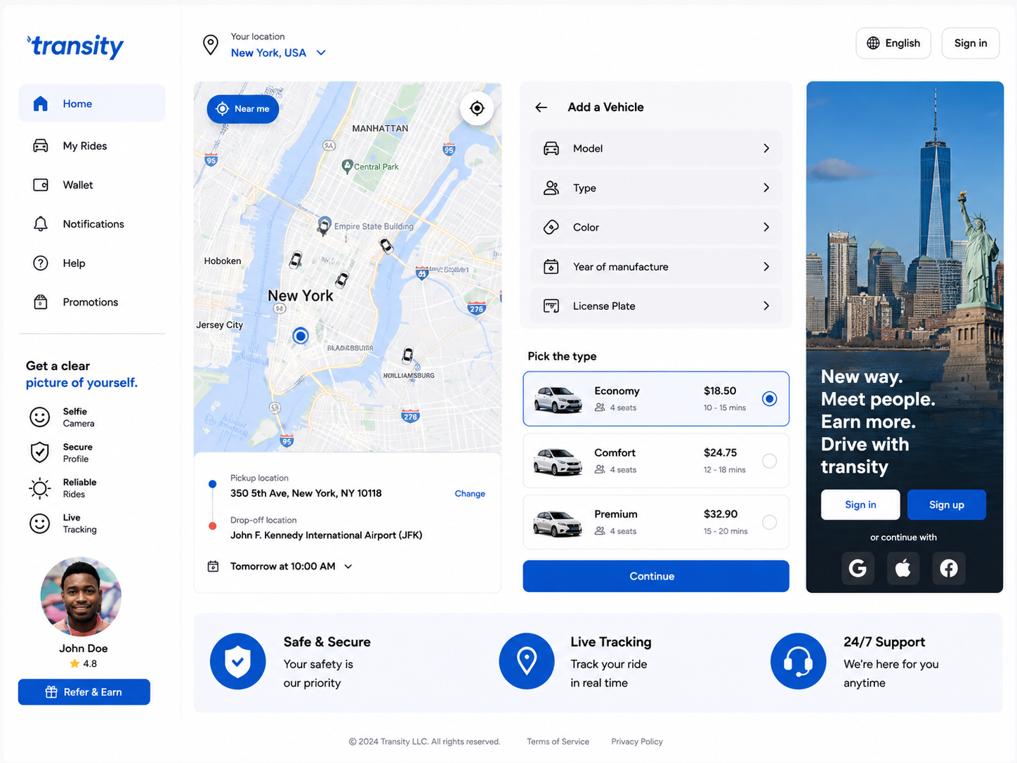 Transiti rideshare mobile application screens